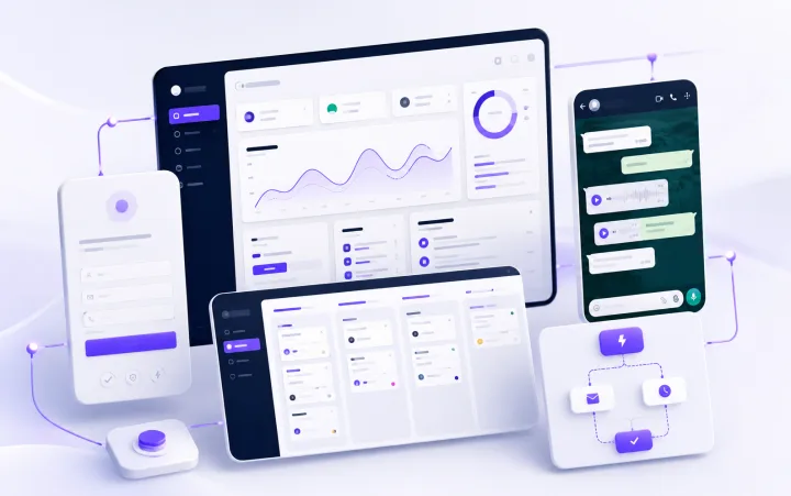 Mockup de sistema de captação com painel, CRM, WhatsApp, formulário e automações