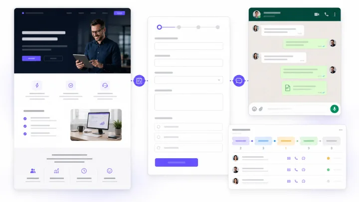 Mockup de página, formulário, WhatsApp e CRM trabalhando como um fluxo único